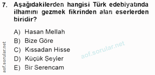 7. soru: Aşağıdakilerden hangisi Türk edebiyatında ilhamını gezmek fikrinden alan eserlerden biridir? A) Hasan Mellah B) Bize…