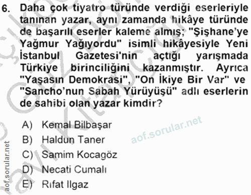 6. soru: Daha çok tiyatro türünde verdiği eserleriyle tanınan yazar, aynı zamanda hikâye türünde de başarılı eserler kaleme al…