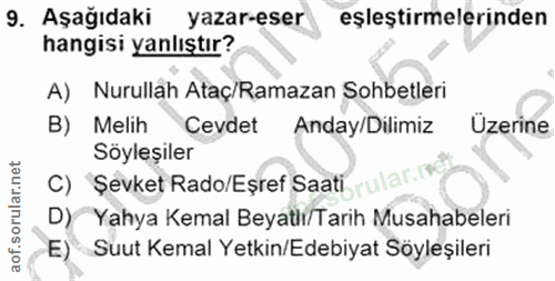 9. soru: Aşağıdaki yazar-eser eşleştirmelerinden hangisi yanlıştır? A) Nurullah Ataç/Ramazan Sohbetleri B) Melih Cevdet Anday/…