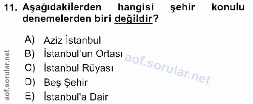 11. soru: Aşağıdakilerden hangisi şehir konulu denemelerden biri değildir? B) Istanbul'un Ortasi aof.sorular net A) Aziz İstanb…