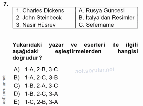 7. soru: Charles Dickens A. Rusya Güncesi 2. John Steinbeck B. Italya'dan Resimler 3. Nasir Hüsrev C. Sefername Yukarıdaki yaz…