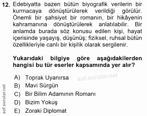 12. soru: Edebiyatta bazen bütün biyografik verilerin bir kurmacaya dönüştürülerek verildiği görülür. Önemli bir şahsiyet bir r…