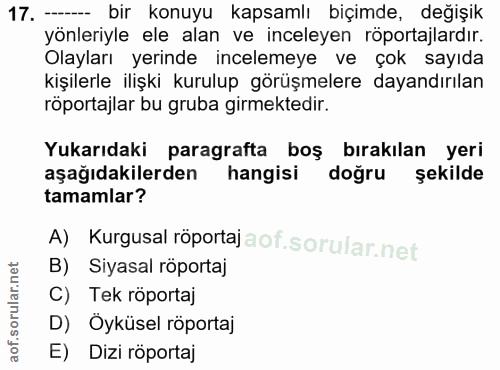 17. soru: - bir konuyu kapsamlı biçimde, değişik yönleriyle ele alan ve inceleyen röportajlardır. Olayları yerinde incelemeye v…