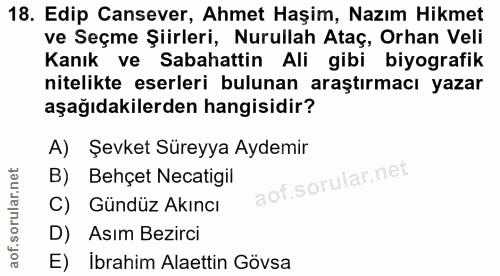 18. soru: Edip Cansever, Ahmet Haşim, Nazım Hikmet ve Seçme Şiirleri, Nurullah Ataç, Orhan Veli Kanık ve Sabahattin Ali gibi bi…
