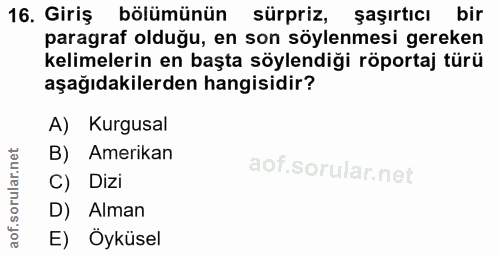 16. soru: Giriş bölümünün sürpriz, şaşırtıcı bir paragraf olduğu, en son söylenmesi gereken kelimelerin en başta söylendiği röp…