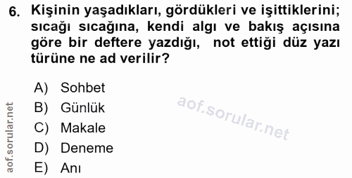 6. soru: Kişinin yaşadıkları, gördükleri ve işittiklerini; sıcağı sıcağına, kendi algı ve bakış açısına göre bir deftere yazdı…