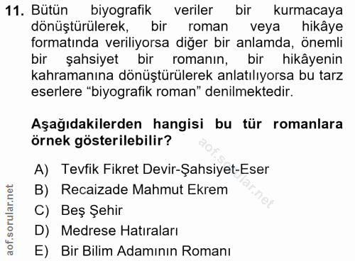 11. soru: Bütün biyografik veriler bir kurmacaya dönüştürülerek, bir roman veya hikâye formatında veriliyorsa diğer bir anlamda…