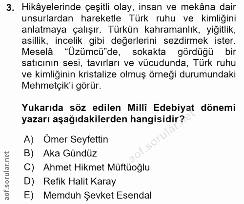3. soru: Hikâyelerinde çeşitli olay, insan ve mekâna dair unsurlardan hareketle Türk ruhu ve kimliğini anlatmaya çalışır. Türk…