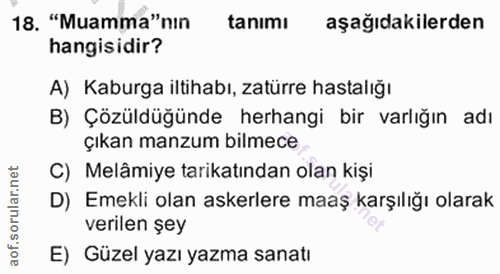 18. soru: "Muamma"nin tanımı aşağıdakilerden hangisidir? A) Kaburga iltihabı, zatürre hastalığı B) Çözüldüğünde herhangi bir va…