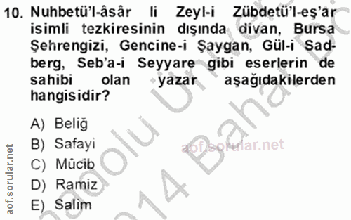 10. soru: Nuhbetü'l-âsâr li Zeyl-i Zübdetü'l-eş'ar isimli tezkiresinin dışında divan, Bursa Şehrengizi, Gencine-i Şaygan, Gül-i…
