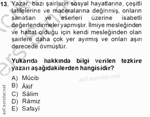 13. soru: Yazar, bazı şairlerin sosyal hayatlarına, çeşitli latifelerine ve maceralarına değinmiş, onların sanatları ve eserler…