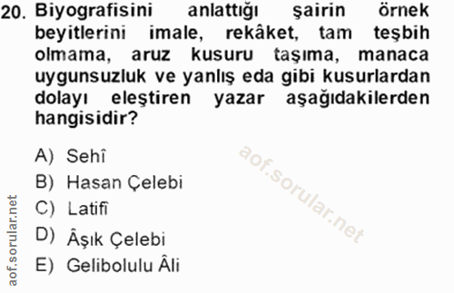 20. soru: Biyografisini anlattığı şairin örnek beyitlerini imale, rekâket, tam teşbih olmama, aruz kusuru taşıma, manaca uyguns…