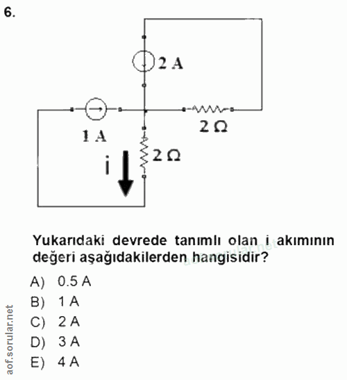 6. soru: 2 A s-s-o 11 20 20 Yukarıdaki devrede tanımlı olan i akımının değeri aşağıdakilerden hangisidir? A) 0.5 A B) 1A C) 2…