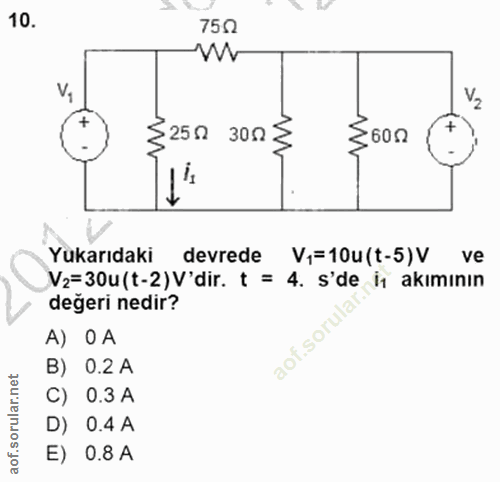 10. soru: 750 Vi ≤250 302 ₴ {60n Yukarıdaki devrede V,=10u (t-5)V ve V2=30u(t-2)V'dir. t = 4. s'de in akımının degeri nedir? A)…