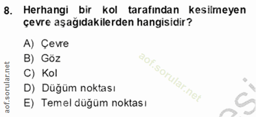 8. soru: Herhangi bir kol tarafından kesilmeyen çevre aşağıdakilerden hangisidir? A) Çevre B) Göz C) Kol D) Düğüm noktası E) T…