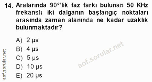 14. soru: Aralarında 90°'lik faz farkı bulunan 50 KHz frekanslı iki dalganın başlangıç noktaları arasında zaman alanında ne kad…