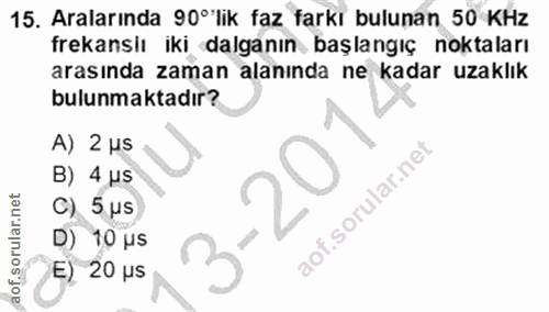 15. soru: Aralarında 90°'lik faz farkı bulunan 50 KHz frekanslı iki dalganın başlangıç noktaları arasında zaman alanında ne kad…