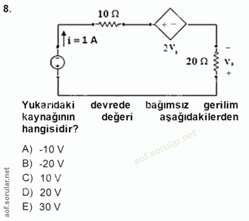 8. soru: 10 S. --mo Ti=1A 2%; 200 r. Yukarıdaki devrede bağımsız gerilim kaynağının değeri asağıdakilerden hangisidir? A) -10…