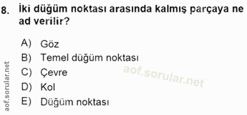 8. soru: Iki düğüm noktası arasında kalmış parçaya ne ad verilir? A) Göz B) Temel düğüm noktası C) Çevre D) Kol E) Düğüm noktası