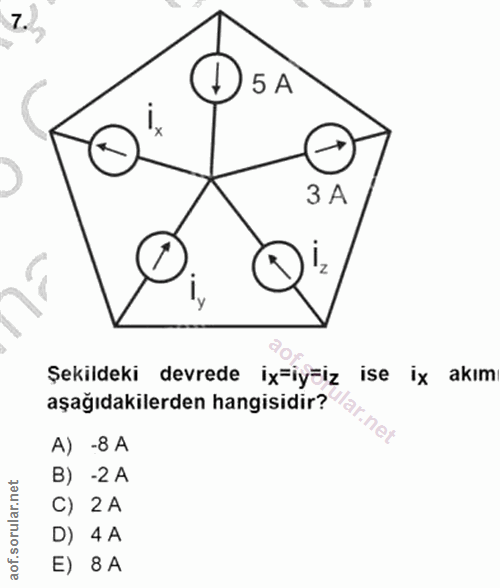7. soru: 5 A ix 3 A Şekildeki devrede ix=iyiz ise ix akım aşağıdakilerden hangisidir? ular.net A) -8 A B) -2 A C) 2A D) 4 A E)…
