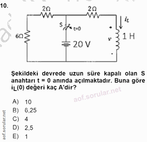 10. soru: 20 20 W S 7+ (=0 60₴ =20 V 3 1 H Şekildeki devrede uzun süre kapalı olan S anahtarı t = 0 anında açılmaktadır. Buna g…