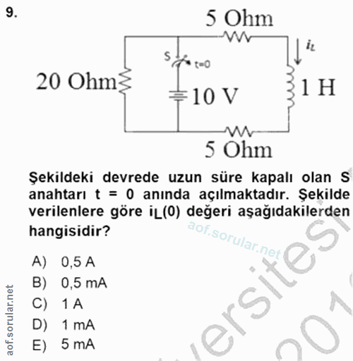 9. soru: 5 Ohm i2 t-O 20 Ohm≤ =10 V ми 1 H 5 Ohm Şekildeki devrede uzun süre kapalı olan S anahtarı t = 0 anında açılmaktadır.…