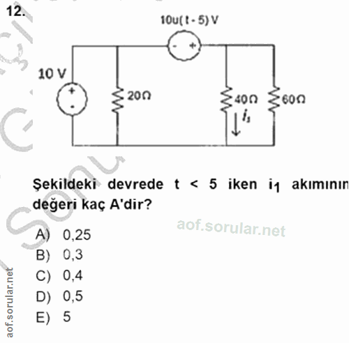 12. soru: 100(1-5)V 10 V ≤200 2400 3600 Şekildeki devrede t < 5 iken iy akımınır değeri kaç A'dir? A) 0,25 B) 0,3 C) 0,4 D) 0,5…