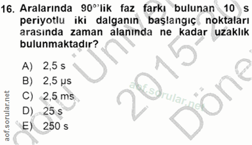 16. soru: Aralarında 90°lik faz farkı bulunan 10 s periyotlu iki dalganın başlangıç noktaları arasında zaman alanında ne kadar…