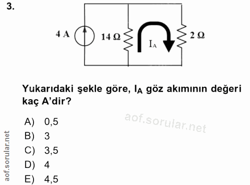 3. soru: 4 A 140 ₴ {20 Yukarıdaki şekle göre, la göz akımının değeri kaç A'dir? A) 0,5 B) 3 C) 3,5 D) 4 E) 4,5