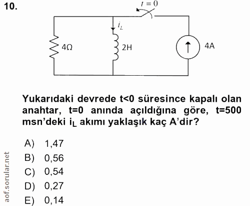10. soru: 1 = 0 40 2H 4A Yukarıdaki devrede t<0 süresince kapalı olan anahtar, t=0 anında açıldığına göre, t=500 msn'deki iz ak…