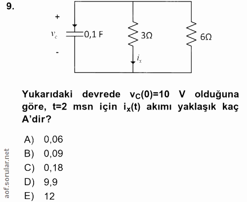 9. soru: =0,1 F 30 60 Yukarıdaki devrede vc(0)=10 V olduğuna göre, t=2 msn için ix(t) akımı yaklaşık kaç A'dir? A) 0,06 B) 0,0…