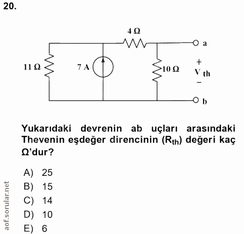 20. soru: 40 O a 112. TA 10 Q V th O b Yukarıdaki devrenin ab uçları arasındaki Thevenin eşdeğer direncinin (Rın) değeri kaç O'…