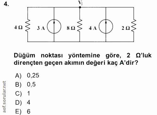 4. soru: } 10 3 A 80} 4 A 20} Düğüm noktası yöntemine göre, 2 l'luk dirençten geçen akımın değeri kaç A'dir? A) 0,25 B) 0,5 C)…