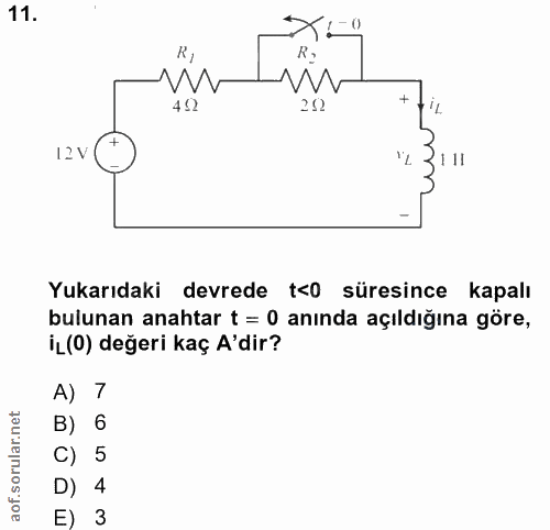 11. soru: 402 202 'L 12V 111 Yukarıdaki devrede t<0 süresince kapalı bulunan anahtar t = 0 anında açıldığına göre, iL(O) değeri…
