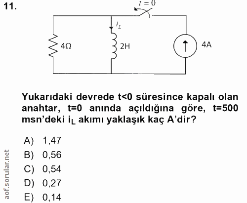 11. soru: 1 = 0 40 2H 4A Yukarıdaki devrede t<0 süresince kapalı olan anahtar, t=0 anında açıldığına göre, t=500 msn'deki iL ak…