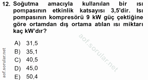 12. soru: Soğutma amacıyla kullanılan bir ISI pompasinin etkinlik katsayısı 3,5'dir. Isı pompasının kompresörü 9 kW güç çektiği…