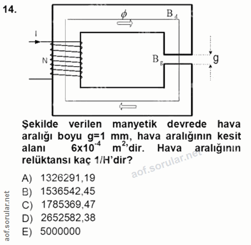 14. soru: B Şekilde verilen manyetik devrede hava alanı m? dir. Hava aralığının relüktansı kaç 1/H'dir? aof.soru lar.ne A) 1326…