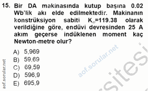 15. soru: Bir DA makinasında kutup başına 0.02 Wb'lik akı elde edilmektedir. Makinanın konstrüksiyon sabiti K,=119.38 olarak ve…