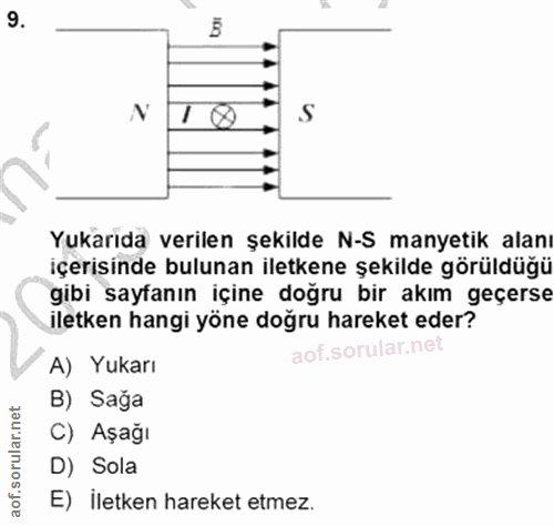 9. soru: N Yukarıda verilen şekilde N-S manyetik alanı içerisinde bulunan iletkene şekilde görüldüğü gibi sayfanın içine doğru…
