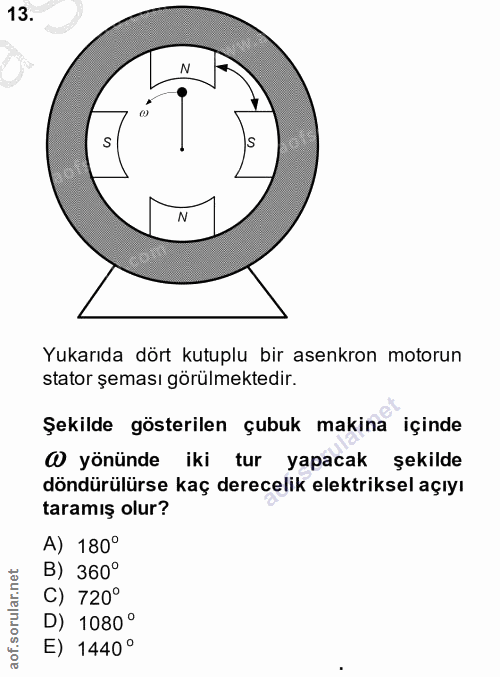 13. soru: Yukarıda dört kutuplu bir asenkron motorun stator şeması görülmektedir. Şekilde gösterilen çubuk makina içinde @ yönü…