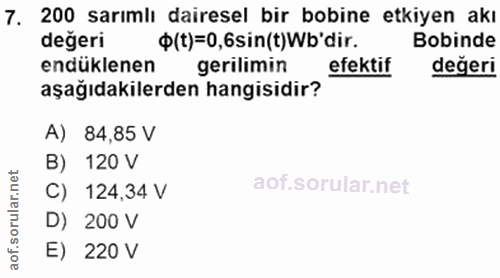 7. soru: 200 sarımlı dairesel bir bobine etkiyen akı değeri ф(t)=0,6sin(t)Wb'dir. Bobinde endüklenen gerilimin efektif değeri…