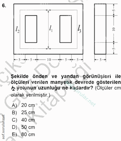 6. soru: •e-s 12 105-00-5-07 - 10 - +5-075-0 Şekilde önden ve yandan görünüşieri ile ölçüleri verilen manyetik devrede gösteri…