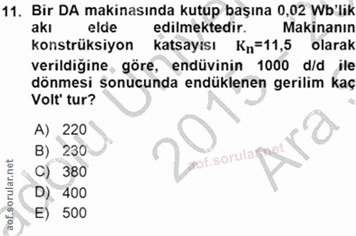 11. soru: Bir DA makinasında kutup başına 0,02 Wb'lik akı elde edilmektedir. Makinanın konstrüksiyon katsayısı Kn=11,5 olarak v…