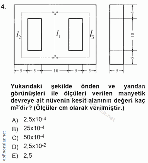 4. soru: 12 1-5-7-3-44 10 +05-003-0 Yukarıdaki şekilde önden ve yandan görünüşleri ile ölçüleri verilen manyetik devreye ait n…