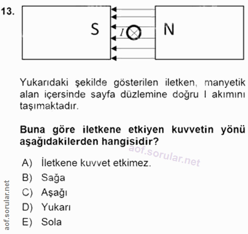 13. soru: S N Yukarıdaki şekilde gösterilen iletken, manyetik alan içersinde sayfa düzlemine doğru | akımını taşımaktadır. Buna…