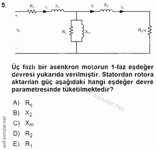 5. soru: -m-eim R. R/S 3 Üç fazlı bir asenkron motorun 1-faz eşdeğer devresi yukarıda verilmiştir. Statordan rotora aktarılan…
