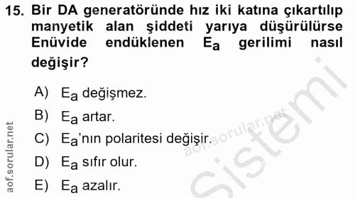 15. soru: Bir DA generatöründe hız iki katına çıkartılıp manyetik alan şiddeti yarıya düşürülürse Enüvide endüklenen Ea gerilim…