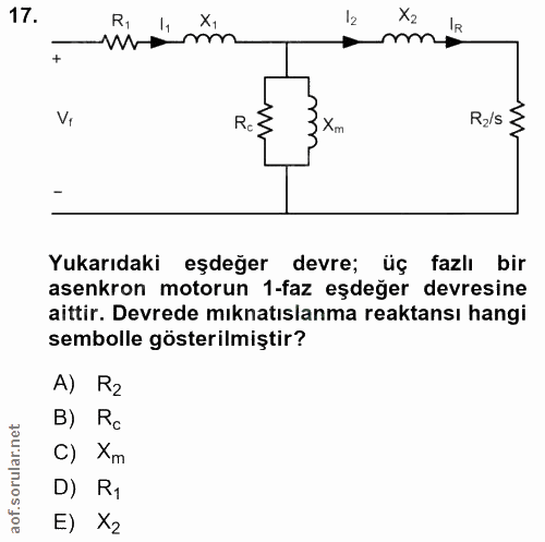 17. soru: X2 • ma Vi Xm Ris S Yukarıdaki eşdeğer devre; üç fazlı bir asenkron motorun 1-faz eşdeğer devresine aittir. Devrede m…