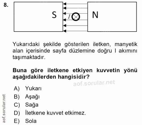 8. soru: S N Yukarıdaki şekilde gösterilen iletken, manyetik alan içerisinde sayfa düzlemine doğru | akımını taşımaktadır. Bun…