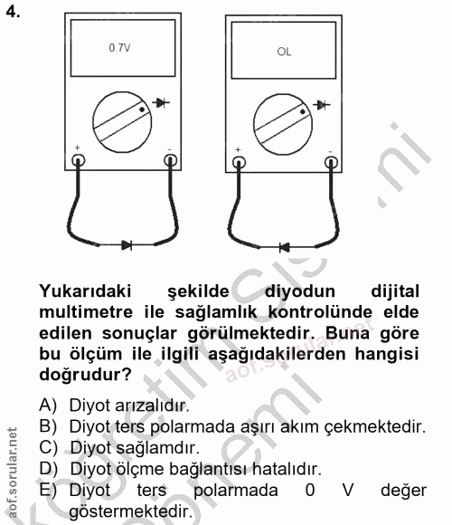 4. soru: 7V OL Yukarıdaki şekilde diyodun dijital multimetre ile sağlamlık kontrolünde elde edilen sonuçlar görülmektedir. Bun…